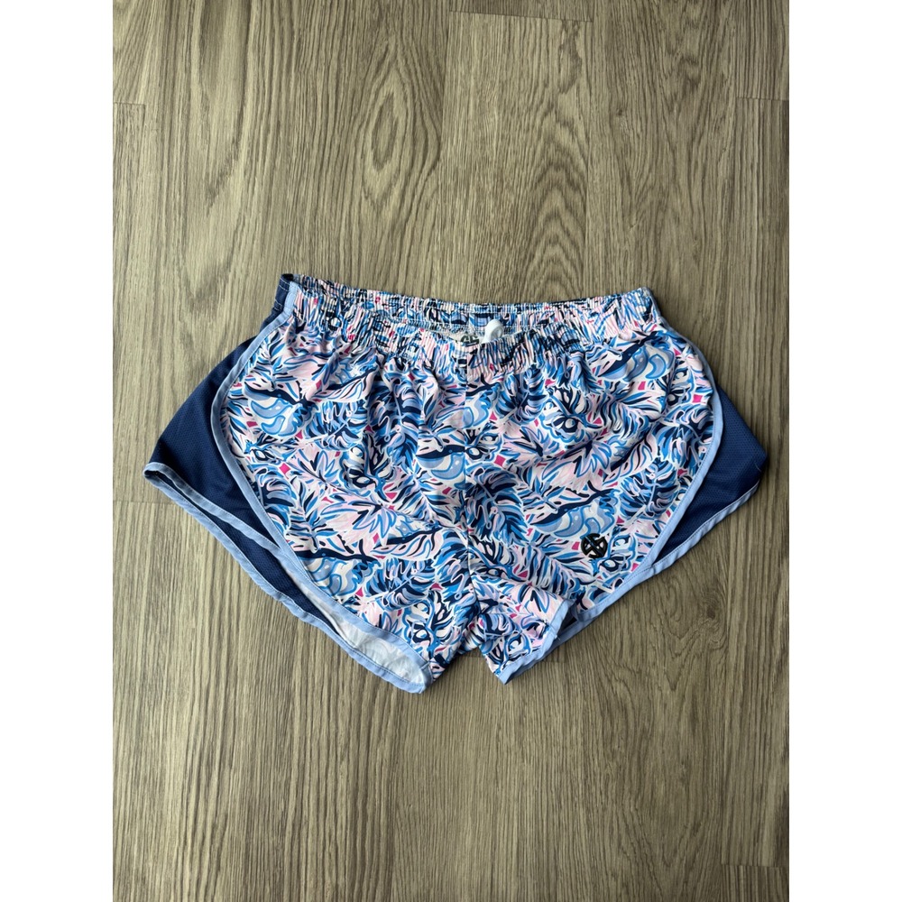 Simply Southern Tropical Palm Print Athletic Running Shorts Blue Pink XL